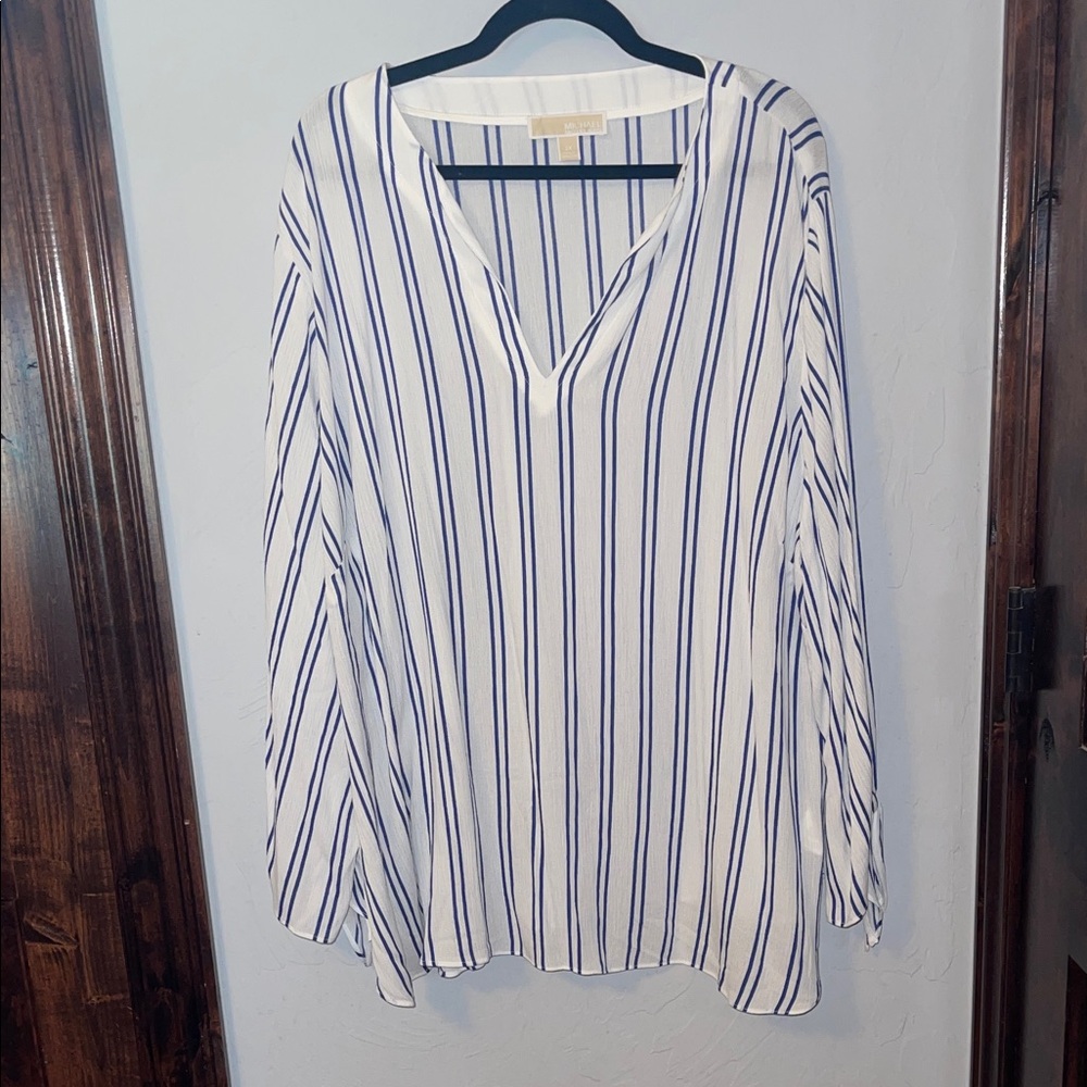Michael Kors Navy and White Striped Blouse never worn 3X long sleeves